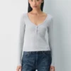 T-shirt à manches longues et col henley en tissu côtelé HomeStretch™