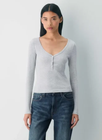 T-shirt à manches longues et col henley en tissu côtelé HomeStretch™